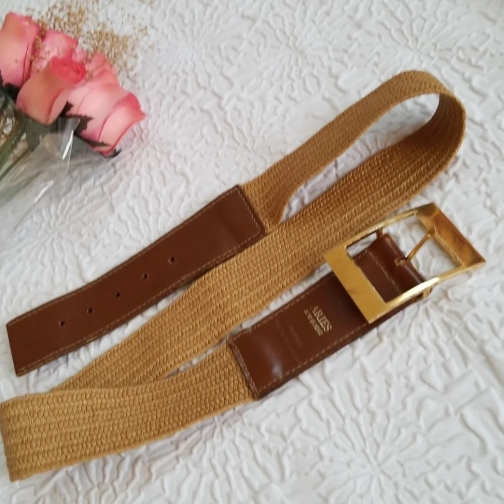 Aries Brown Leather natural woven stretch belt